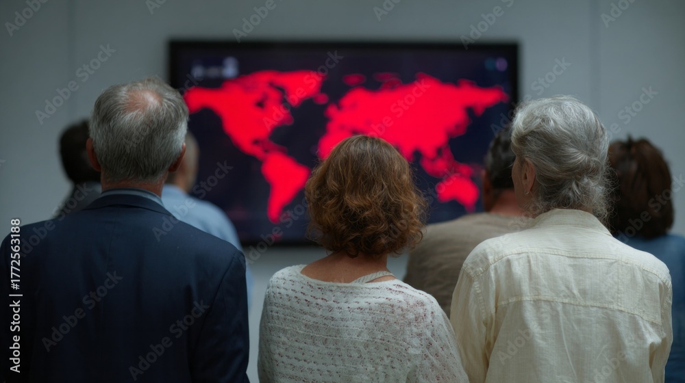 Obraz premium Elders of diverse backgrounds contemplate a glowing crisis map, echoing World Awareness Day and Global Data Fest