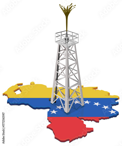 Oil drilling rig on the Venezuela flag map with crude oil erupting. Concept for oil industry, petroleum economy, or resources. (cut out)