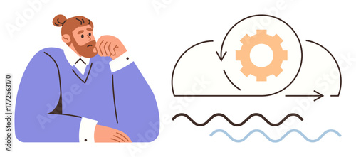 Man resting chin on hand, cloud with gear and arrows representing technology, progress, efficiency. Ideal for innovation, problem-solving, digital transformation, workflow, creativity