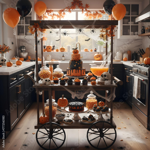 A realistic photo of a tiered cake stand with various Halloween cupcakes