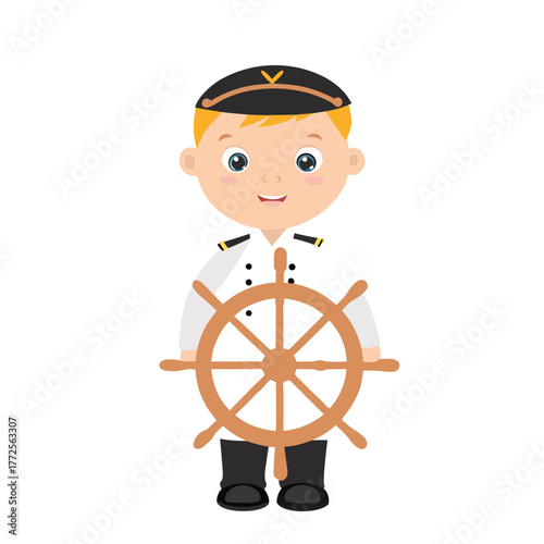 Joyful cartoon boy dressed as a sea captain is holding a ship wheel on a white background