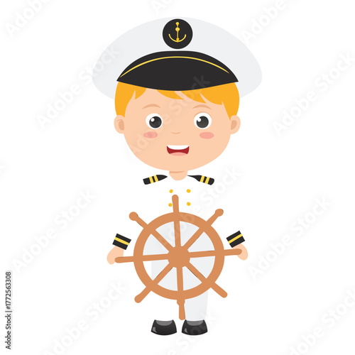 Blond boy smiles wearing captain's hat and controlling a ship wheel with both hands