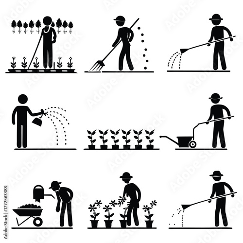 Stick figure man performs varied gardening tasks including planting and watering seedlings, flowers