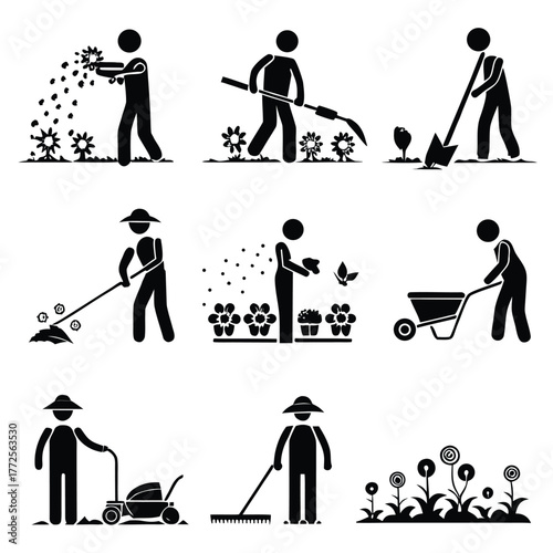 Several stick figures are gardening including raking, planting, mowing, and spreading seeds on flowers