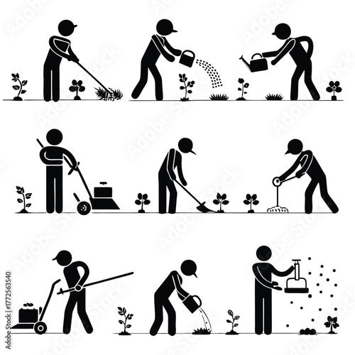 Nine black silhouette figures perform various garden chores like raking and watering plants