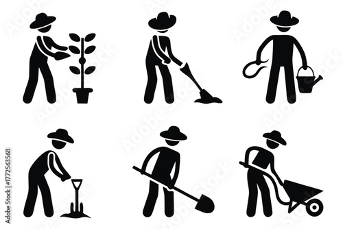 Black silhouette illustrates a gardener planting, hoeing, watering, digging, and using a wheelbarrow