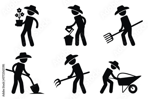 Black stick figure wearing a hat and doing gardening chores on a white surface