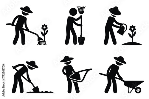 Black stick figures illustrate diverse gardening and landscaping activities, with tools and plants visible