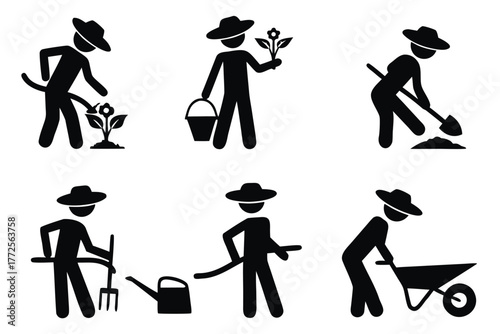 Silhouetted gardener wearing hat waters flower, holds bucket, shovels dirt, and works in garden