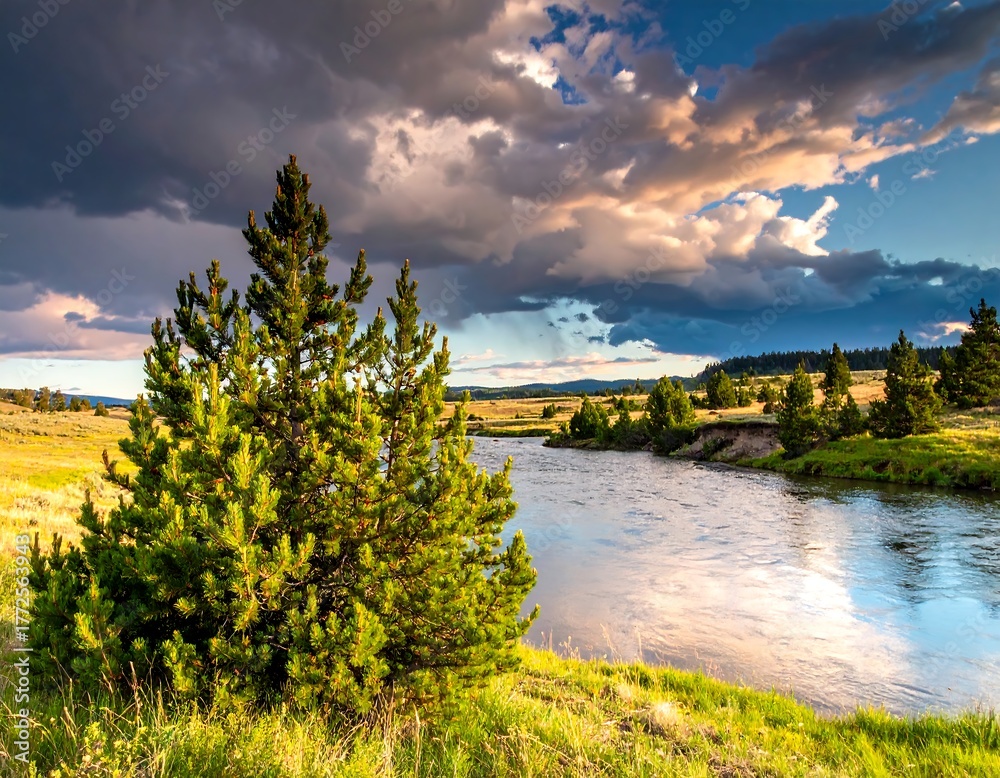 Obraz premium Scenic river flows through a vibrant landscape under a dramatic, cloudy sky