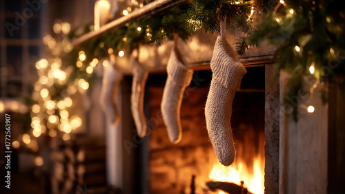 Christmas stockings hanging above a fireplace with garland and fairy lights