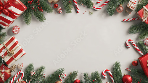 Christmas frame with gifts, candy canes, and fir branches isolated on white background