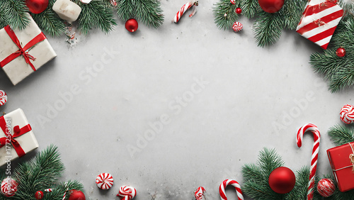 Christmas frame with gifts, candy canes, and fir branches isolated on white background