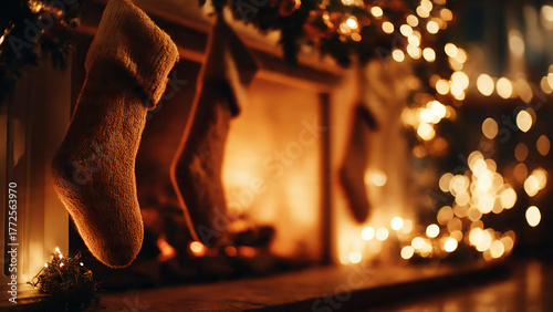 Festive christmas fireplace with stockings and lights creating a warm atmosphere