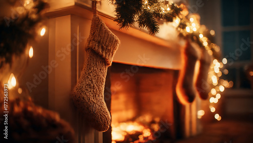 Warm christmas fireplace scene with stockings and lights for a cozy holiday