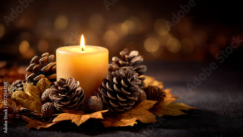 A candle surrounded by pine cones and autumn leaves on a dark surface