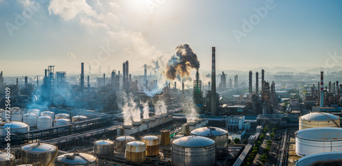 Aerial view of the oil refinery and chemical plant with smoking chimneys in a large industrial area