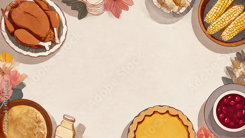 Overhead view of a thanksgiving spread with traditional foods and decorations
