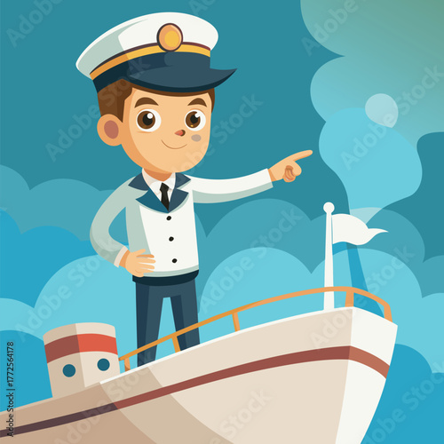 Young captain with cap on ship points towards the horizon with confidence and pride