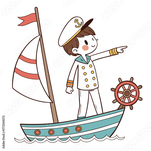 Cartoon ship captain stands aboard his sailing boat pointing with confidence on white