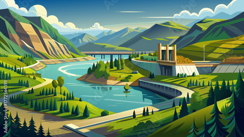 Very beautiful scenic view of Kirby Billingsley Hydro Park along the Columbia River in East Wenatchee, Washington State, USA, showing lush green parkland, calm river waters, and surrounding hills alon