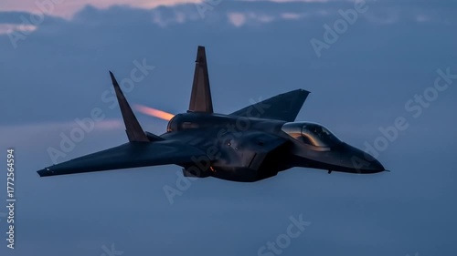 F-35 Lightning II Fighter Jet Soaring Through the Sky at Sunset.