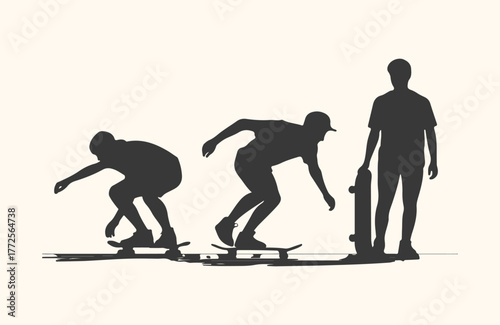 Silhouette of a skateboarder in motion, showing progression from crouching to standing with skateboard