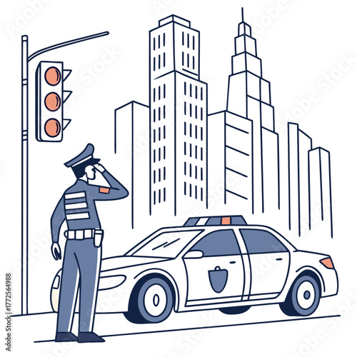 Policeman in uniform salutes beside his patrol car with cityscape buildings behind him