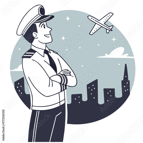 Smiling aviator with folded arms watches airplane flying above city landscape at night