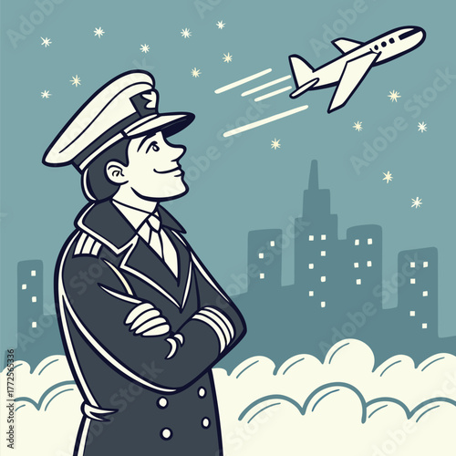 Contented airline captain watches an airplane fly above a sprawling urban skyline, amidst starry skies