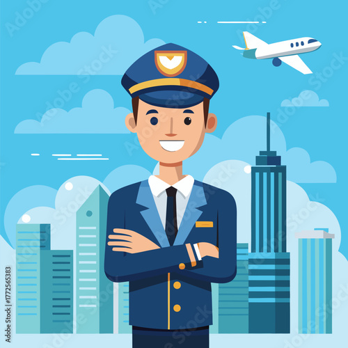 Smiling aviator stands confidently with folded arms as the airplane flies over the city