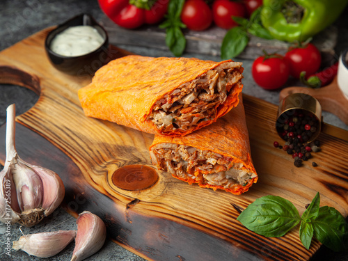 Döner kebab in orange cheese lavash