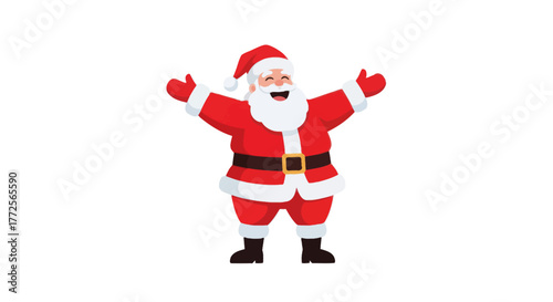 Cheerful Santa Claus with arms outstretched, welcoming and smiling widely, ready for Christmas.