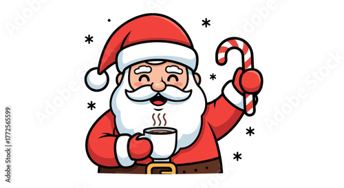 Cartoon Santa Claus holding a steaming mug and a candy cane, surrounded by snowflakes, expressing holiday cheer.