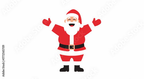 Cheerful Santa Claus with open arms, wearing a red suit and hat, smiling against a white background.