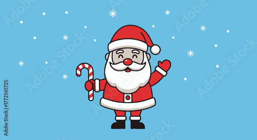 A cheerful cartoon illustration of Santa Claus wearing his iconic red suit and hat, holding a striped candy cane and waving, with snowflakes falling against ...