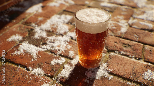 A glass of beer with foam on the table in the sunny day. The beer with the perfect foam is ready to drink