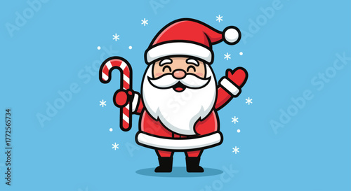 A cute cartoon Santa Claus waving and holding a candy cane with snowflakes in the background.