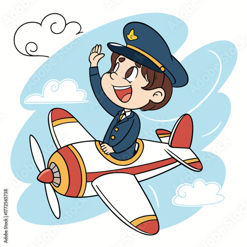 Smiling cartoon aviator aboard an airplane waves within a cloudy blue sky landscape