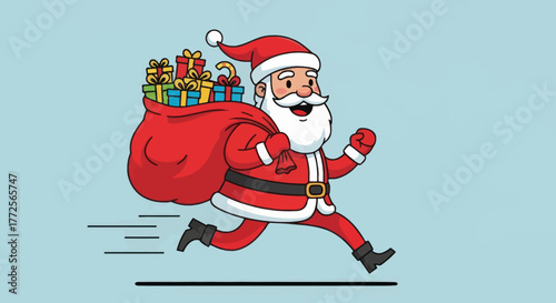 Cartoon illustration of Santa Claus running with a large red sack full of colorful Christmas gifts on a light blue background.