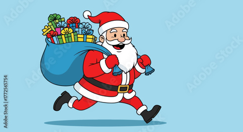Cheerful Santa Claus in his iconic red suit, joyfully running with a large blue sack overflowing with colorful wrapped presents on his shoulder, ready to deliver holiday cheer.