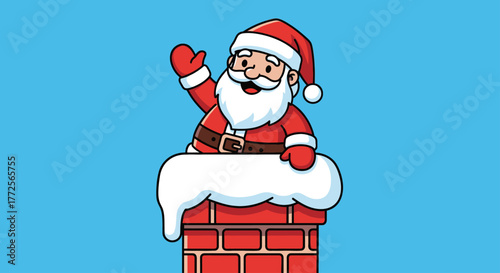 Cartoon Santa Claus waves cheerfully from a snow-covered brick chimney against a blue background.