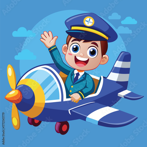 Smiling cartoon boy pilot wearing a cap waves from his blue airplane against a sky backdrop