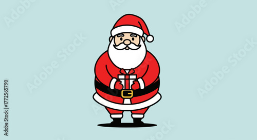 A cartoon illustration of Santa Claus holding a wrapped gift, smiling cheerfully.