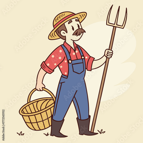 Cartoon farmer wearing overalls holds a basket and pitchfork within a stylized agricultural scene