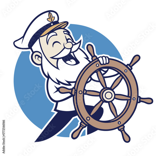 Cheerful old captain with white beard steers wooden ship wheel happily at sea
