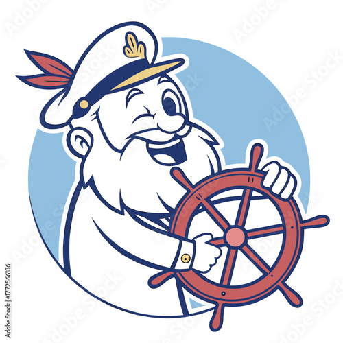 Cartoon captain character smiling with a ship steering wheel and wearing a hat