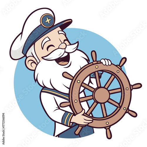 Cartoon captain smiles while holding ship wheel against a light blue circle