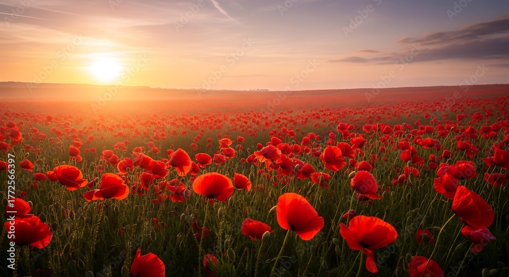 Obraz premium A Captivating Poppy Field at Sunrise: An Extensive Vista of Vibrant Red Flowers at Dawn