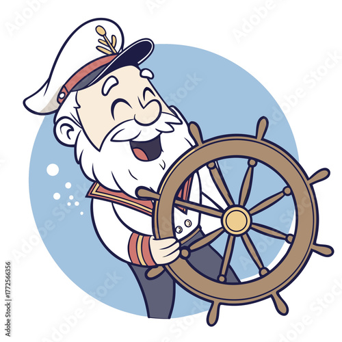 Cheerful cartoon captain with white beard pilots ship holding wooden wheel with backdrop